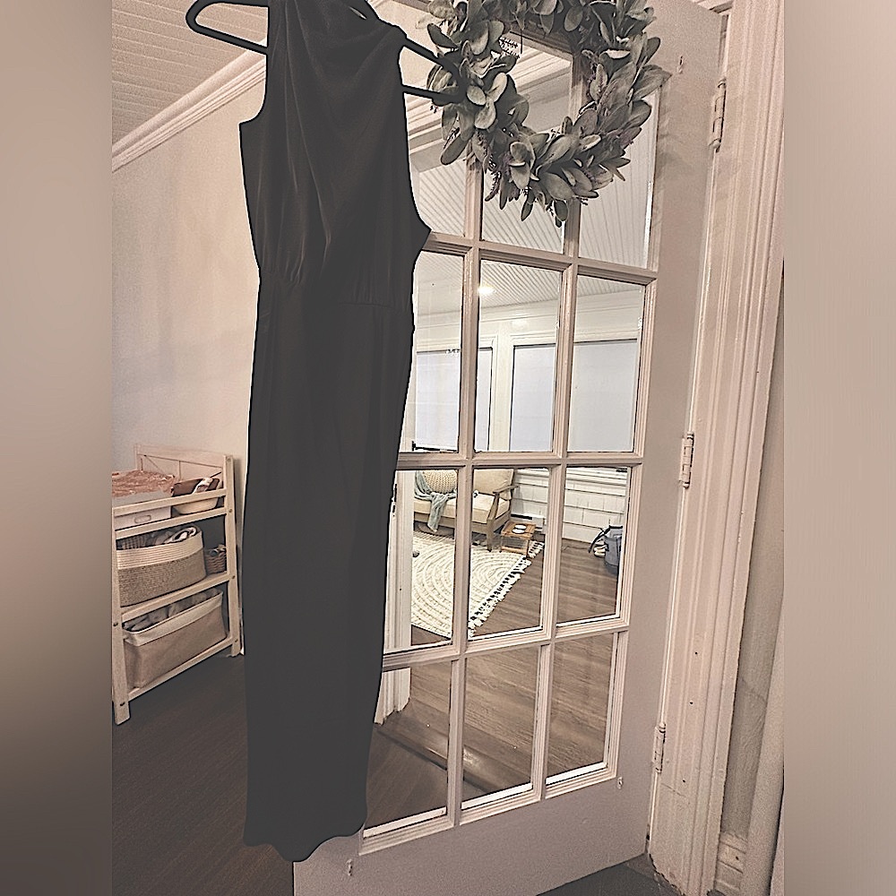 BTFBM Black Satin, Maxi Cocktail Dress, high-neck, Size:M, NWT w. extra button - Picture 9 of 10
